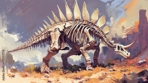 Illustration of a Stegosaurus dinosaur skeleton captured in 2d form