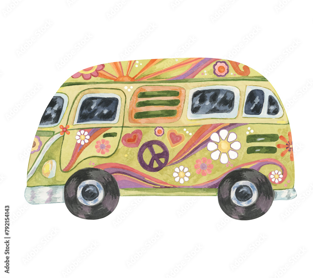 Hippie vintage camper van with flowers. Groovy green retro bus car for summer vacations, beach road trip. Nostalgic watercolor drawing, cartoon style for printing, travel with peace sign, daisies, sun