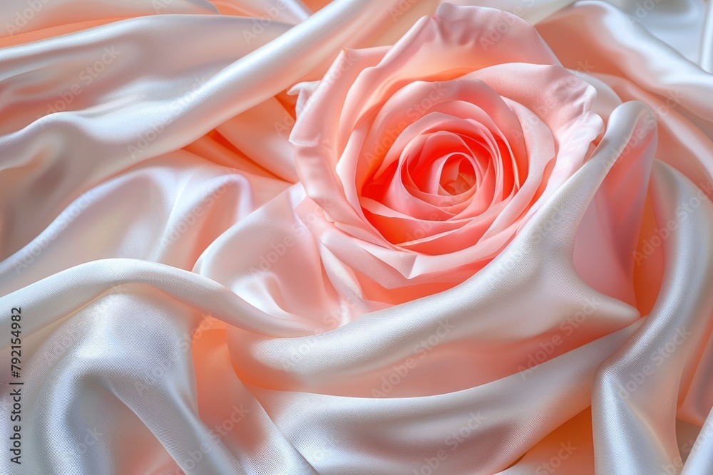 Pink rose peach white silk satin. Creases in fabric. Light luxury elegant background with space for design. Table top view, flat lay. Birthday, baby, newborn - generative ai Pink rose peach white silk satin. Creases in fabric. Light luxury elegant background with space for design. Table top view, flat lay. Birthday, baby, newborn - generative ai