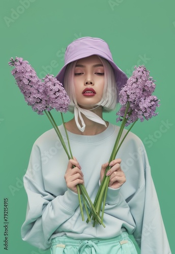 Woman in Pink Hat Holding Flowers