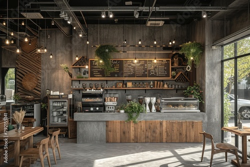 Wooden and gray coffee shop interior,.