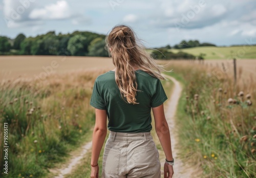 Woman Walking Down Dirt Road in Field