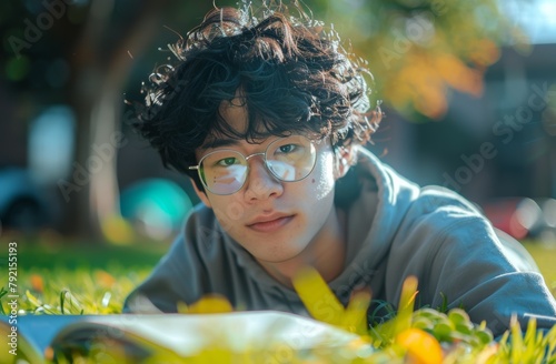 Young Man Laying on Grass Reading Book