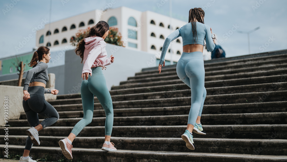 Naklejka premium Active young women in workout attire exercising together by running up city stairs, showcasing health and companionship.
