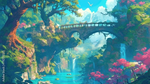 Beneath the stone bridge s balustrade lies a serene mountain valley lake This 2d cartoon illustration captures a lush forest landscape adorned with ancient trees a steep hillside and a vibr photo