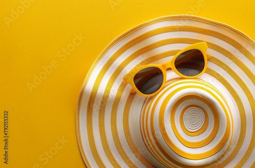 Hat and Sunglasses on Yellow Background