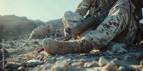 A soldier sits solemnly on the ground, rifle in hand, taking a moment of rest in the midst of duty. photo