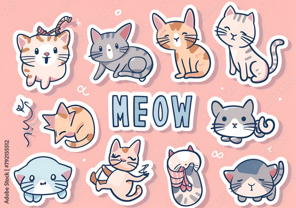 Fototapeta premium Stickers of adorable kittens in pastel tones