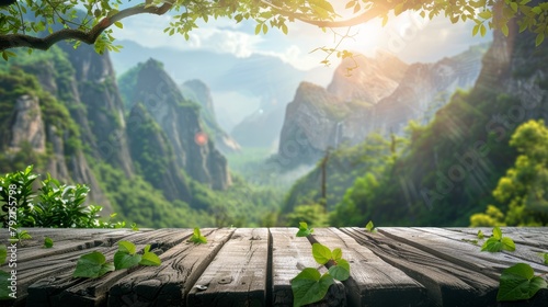 Wooden Table Overlooking Mountains