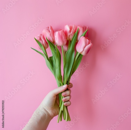 Hand Holding Pink Tulips on Pink Background