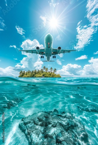 Airplane Flying Over Small Island in Ocean