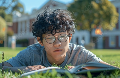 Young Man Reading Book Laying in Grass