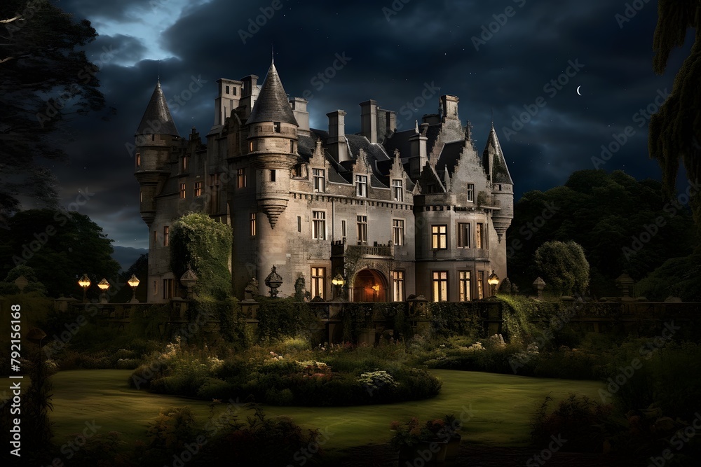 A panoramic shot of a castle at night with a full moon