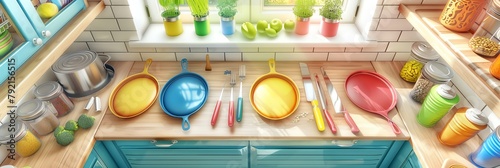 A highangle shot of a kitchen workspace, all surfaces spotless and sanitized, utensils neatly arranged, and food storage containers properly labeled, showcasing a clean and organized environment for s photo