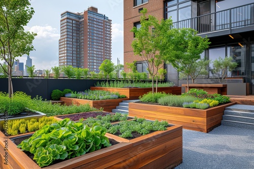 Contemporary urban rooftop garden with raised beds and modern landscaping.