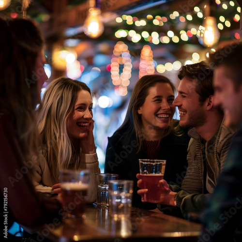 Young adult group of people enjoy beer in the pub and friendship talking and laughing together inside club in nightlife. Happy men and women have fun in disco club. Weekend leisure activity.