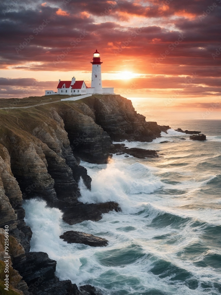 Lighthouse, adjacent building, both perched on rugged cliff, overlook tumultuous sea where waves crash against rocky shore. Sky, painted with hues of orange, red, yellow.