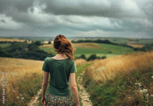 Woman Walking Down Dirt Road in Field