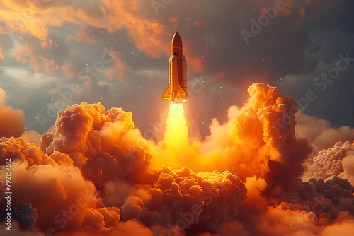 burning fire in the sky, Orange and yellow color rocket launched from the
