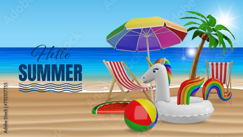 hello summer banner with beach umbrella, palm tree, inflatable unicorn and beach ball on beach landscape