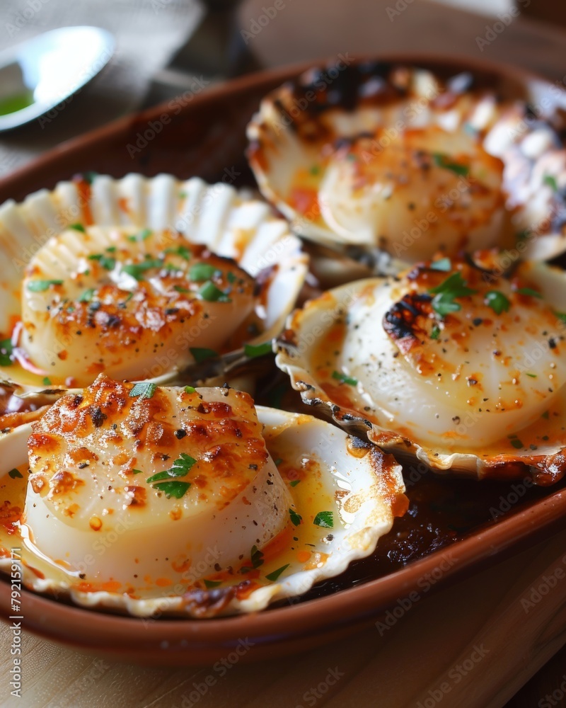 Scallops with Herbs and Sauce, Culinary Art. Generative AI.