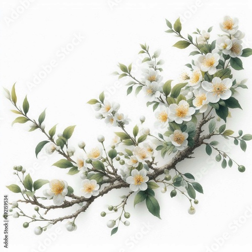 Spring Branch with Delicate White Flowers and Fresh Green Leaves