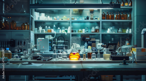 A laboratory with many bottles and beakers on a table
