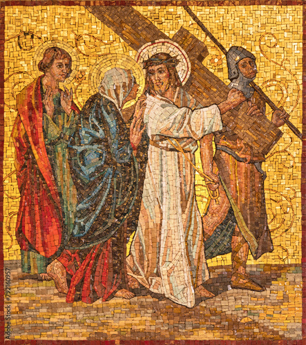 MILAN, ITALY - MARCH 4, 2024: The mosaic Jesus meet his mother Mary as part of Cross way station in the church Chiesa di San Agostino by unknown artist of 20. cent. © Renáta Sedmáková