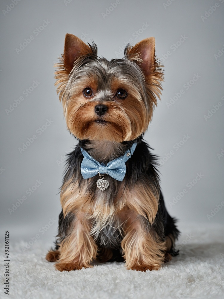 Small dog, adorned with bow tie, bell, graces fluffy carpet. Canines position such that back faces camera, with head turned towards area hidden from view. Coat, mix of black, tan, brown. Small dog, adorned with bow tie, bell, graces fluffy carpet. Canines position such that back faces camera, with head turned towards area hidden from view. Coat, mix of black, tan, brown.