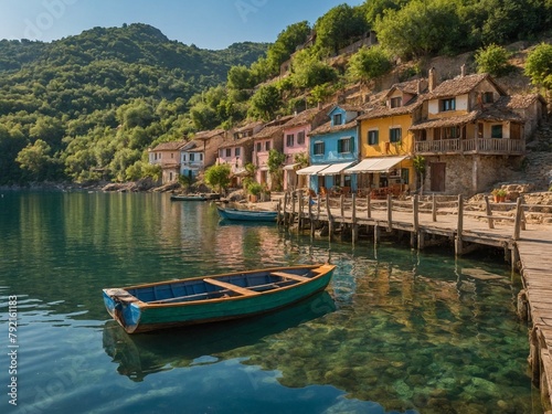 Serene lakeside scene unfolds with colorful houses nestled on hill, reflecting charm of quaint european village. Wooden dock extends into calm water, where solitary blue rowboat floats gently.