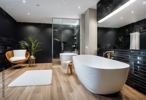 white bathtub floor vanity parquet chic bathroom interior walls Modern black