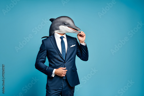 Anthropomorphic friendly dolphin wearing suit formal ,business suit against blue backdrop