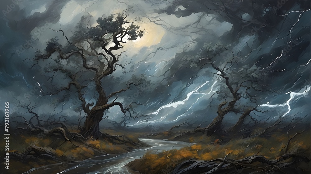 Contorted Storm misty morning in the forest,