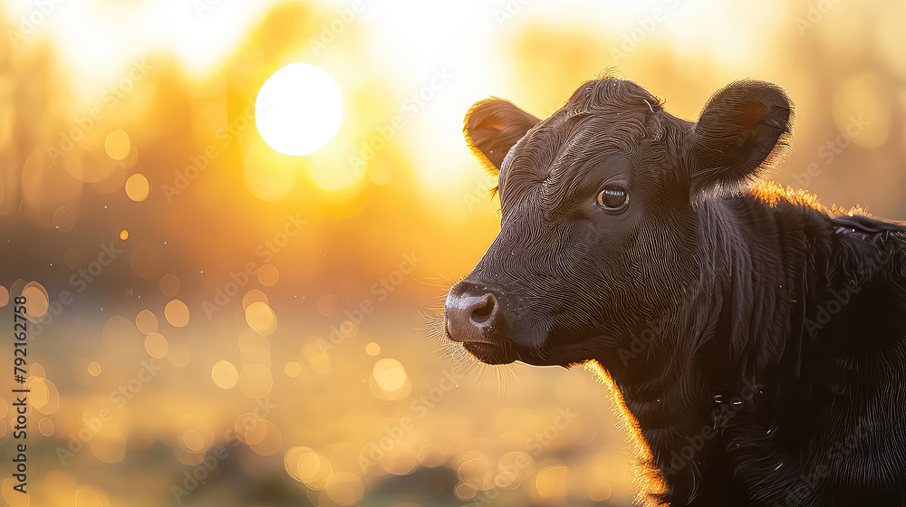 Fototapeta premium Calf in the meadow at sunset.