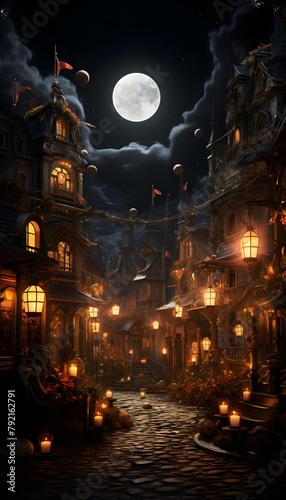 Halloween night in old town with full moon, 3d illustration