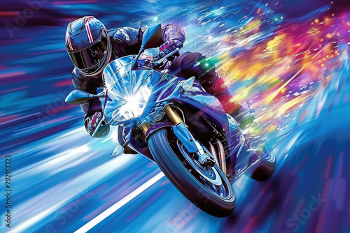 
A racer on a motorcycle rides at high speed on a blurred background. Concept: competitions and track riding photo