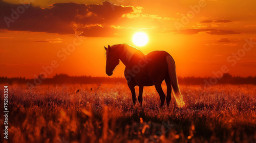 Cavalo no campo ao por do sol laranja photo