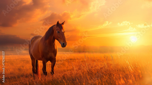Cavalo no campo ao por do sol laranja