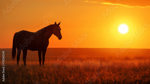 Cavalo no campo ao por do sol laranja photo