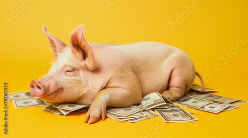 Porco em uma pilha de dinheiro no fundo amarelo photo