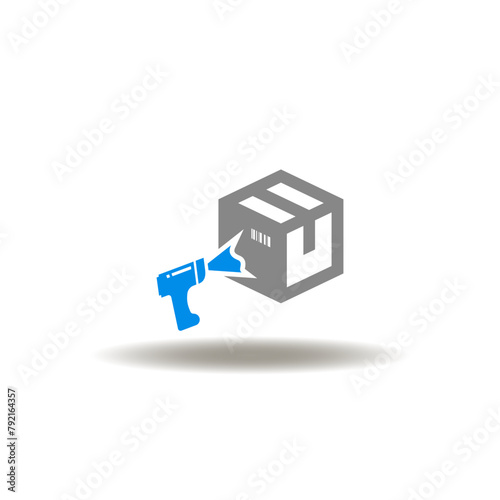 Vector illustration of box or package, or parcel, or cardboard and scanner barcode id scanning. Icon of scanner barcode ID. Symbol of inventory management. Sign of retail warehousing.