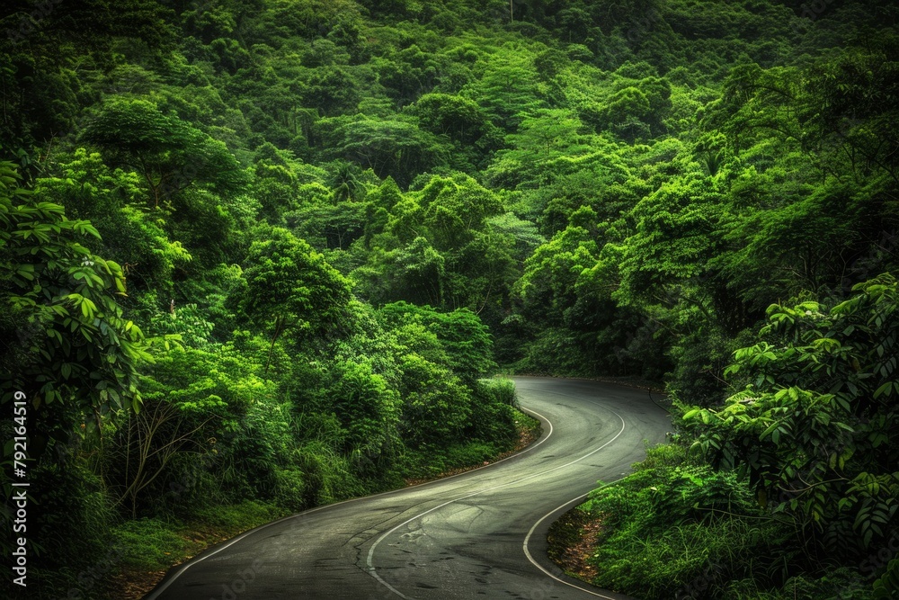 A winding road meanders through a lush green forest, surrounded by towering trees with leafy canopies and distant mountains in the background.