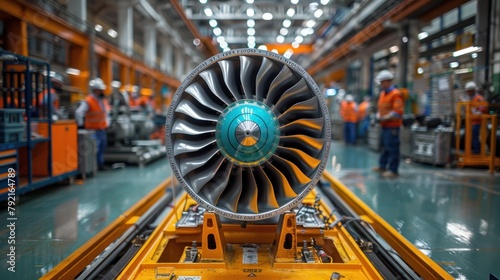 Modern color Photo of Workers in factory working on a Airbus engine