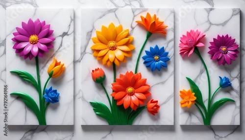 Panel wall art marble Vivid Floral Triptych 3D Art on Marble Background  wall decoration created with generative ai © Chaudhry