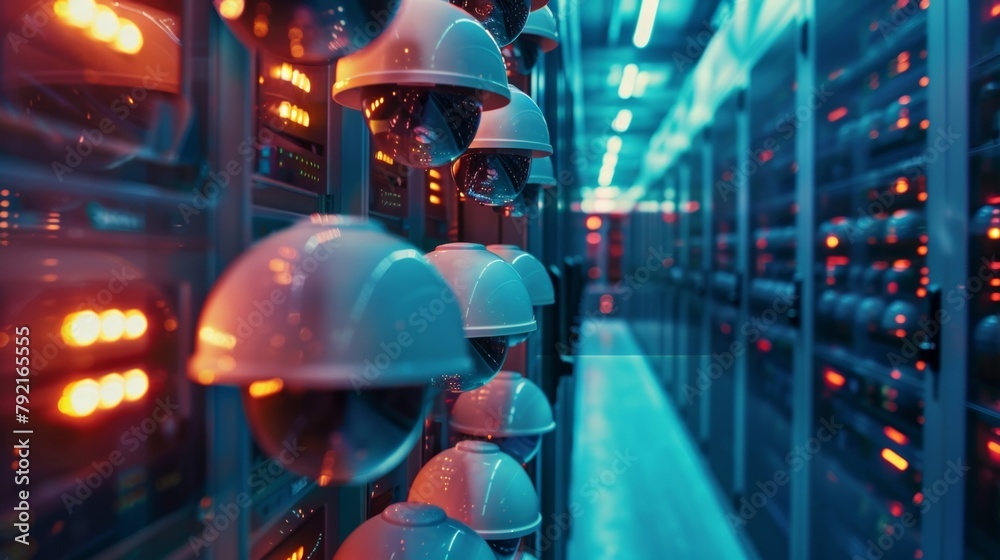 A data center with firewalls and security cameras representing the centralized and secure storage of integrated security databases. . A data center with firewalls and security cameras representing the centralized and secure storage of integrated security databases. .