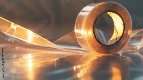 Roll of translucent adhesive tape with golden tint, reflective surface, on shiny background photo