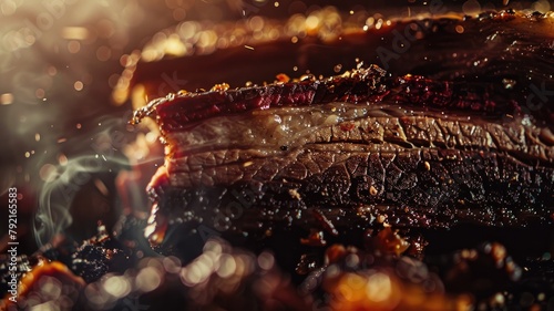 Close-up of juicy, grilled steak with steam and droplets photo