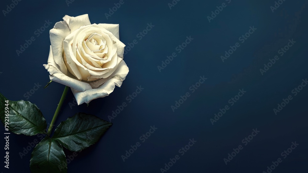 Single white rose with leaves against dark blue background Single white rose with leaves against dark blue background