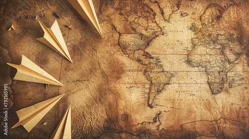 Paper airplanes on vintage world map, concept for travel and exploration