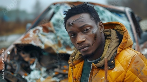 Young Black man holding head near broken car after traffic collision. Concept Car Accident, Young Black Man, Broken Car, Traffic Collision, Shocked Expression